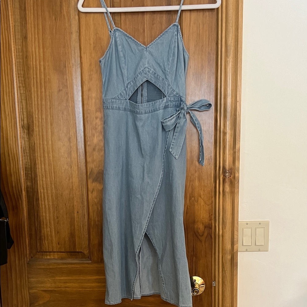 Express Light Blue Denim Wrap Midi Dress with Side Tie